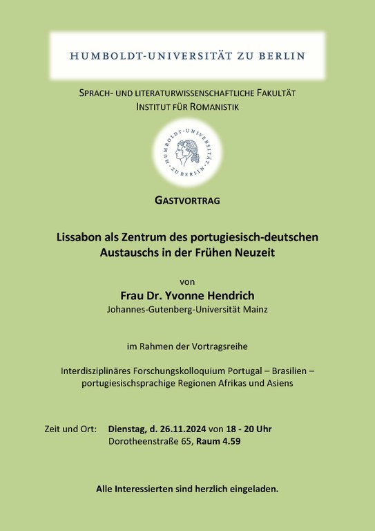 Gastvortrag von Dr. Yvonne Hendrich am 26.11.2024 über Lissabon als Zentrum portugiesisch-deutschen Austauschs Gastvortrag von Dr. Yvonne Hendrich am 26.11.2024 über Lissabon als Zentrum portugiesisch-deutschen Austauschs